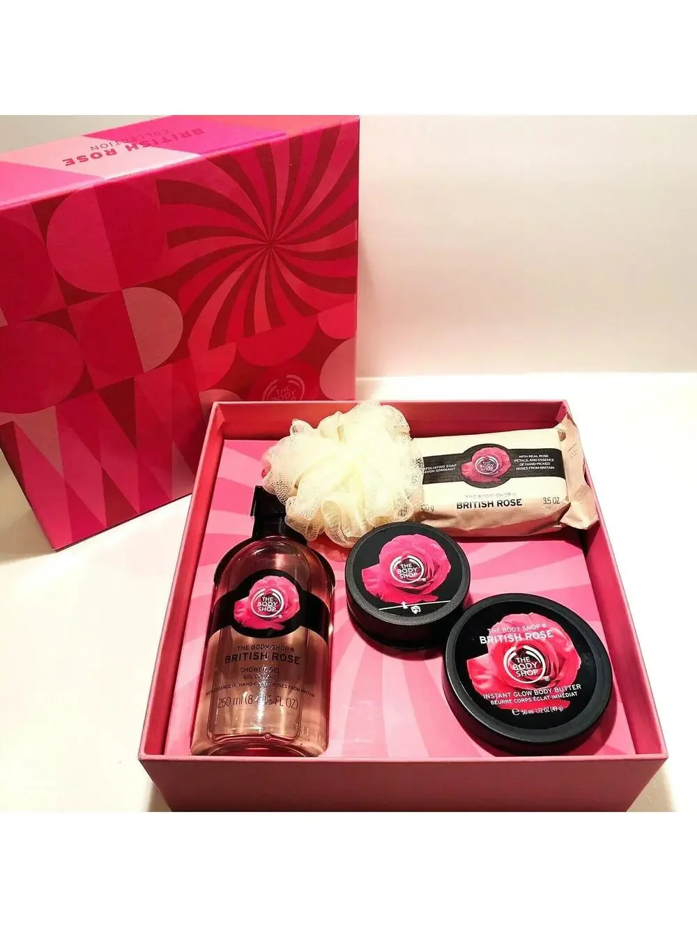British Rose The Body Shop Gift Set Box Brand NEW Pink Body Wash Loofah Cream